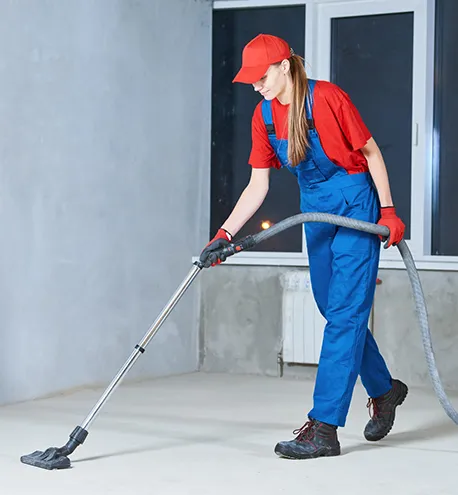 Worker cleaning floor with scrubber after construction cleanup.