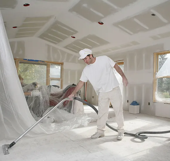 Construction cleaning professional sweeping dust and debris in a room under construction in Detroit MI.