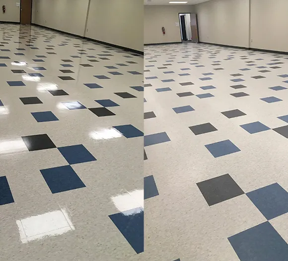 Clean patterned VCT tile floor after professional stripping and waxing in Kalamazoo MI.